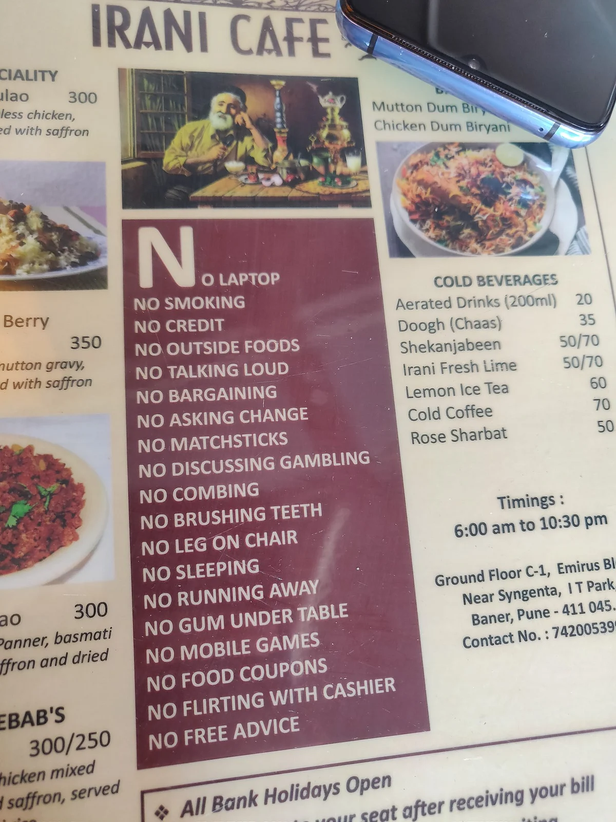 The menu at Irani Cafe in Pune