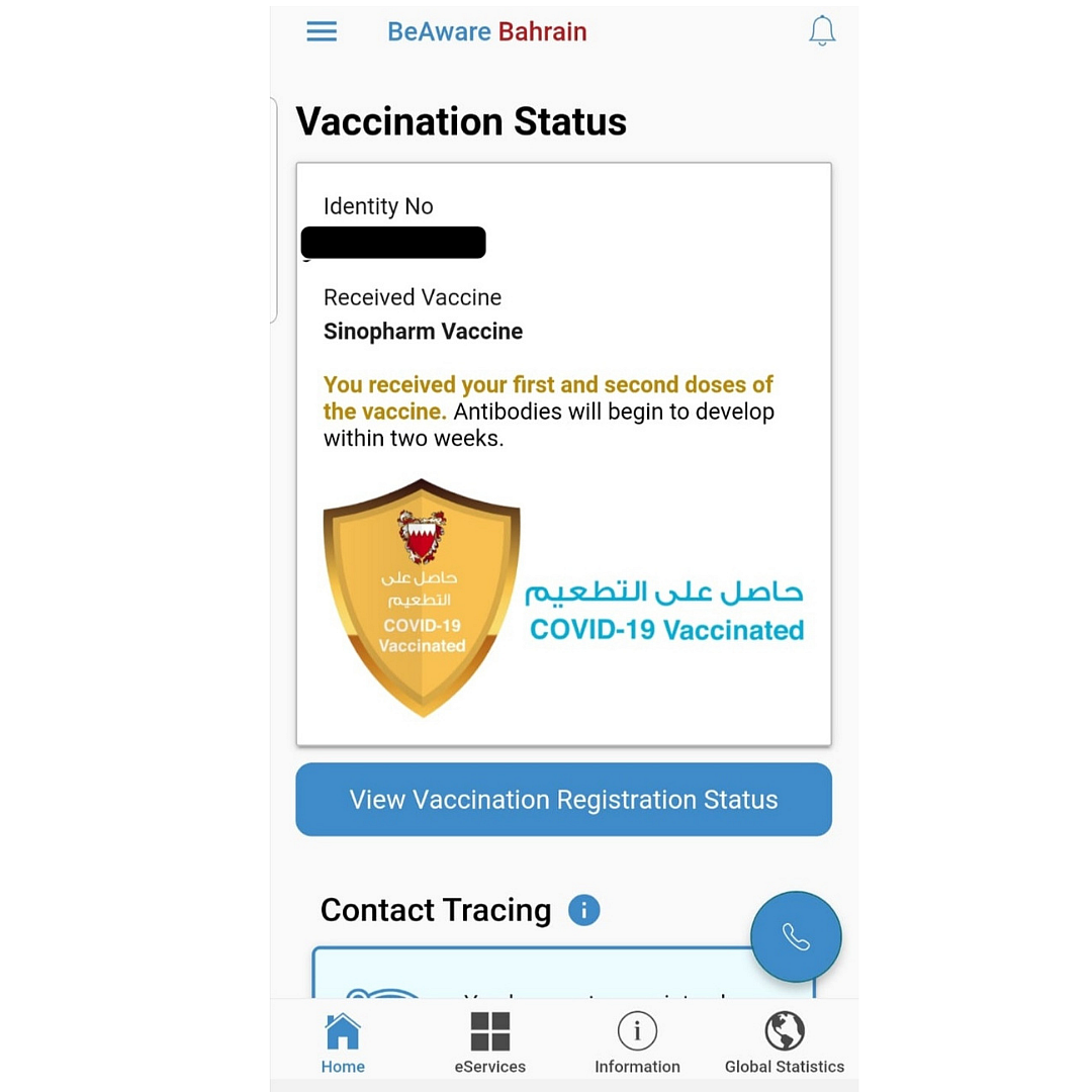 A screenshot of the app from Bahrain's BeAware app