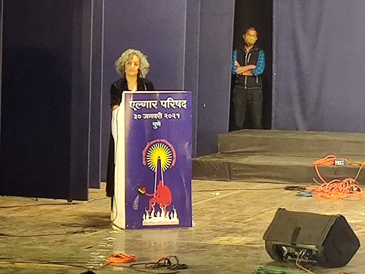 Booker Prize winning author Arundhati Roy delivering her speech at the Elgar Parishad 2021