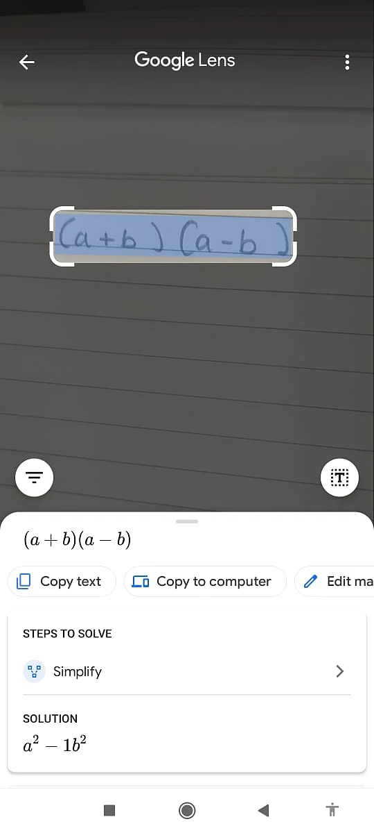 Google Lens identifies the equation we wrote on our notepad.