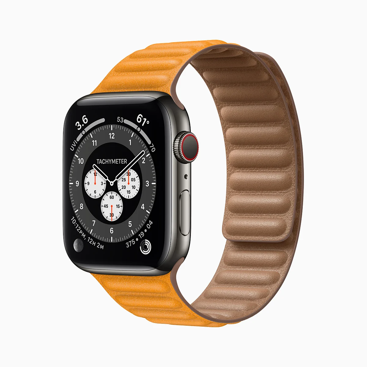The Apple Watch Series 6 Stainless Steel with an orange band.