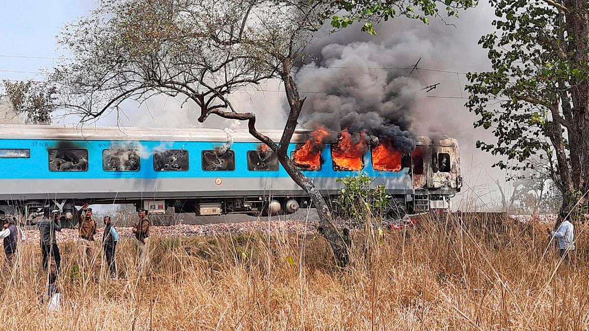 Fire breaks out on a coach of Dehradun-Delhi Shatabdi Express Train near Kasro railway station, in Dehradun district, Saturday, March 13, 2021