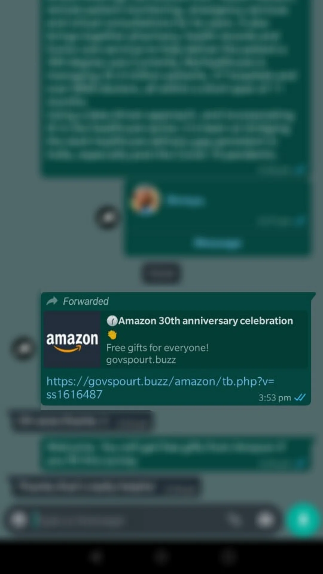 Forward message that claims that Amazon is giving free gifts to users on its 30th anniversary.