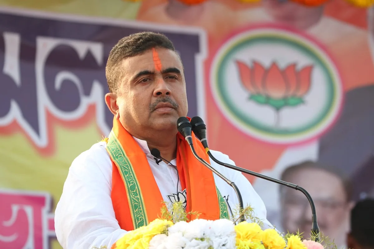 Suvendu Adhikari addressing the rally of BJP Booth Level Workers of the in Nandigram on March 16