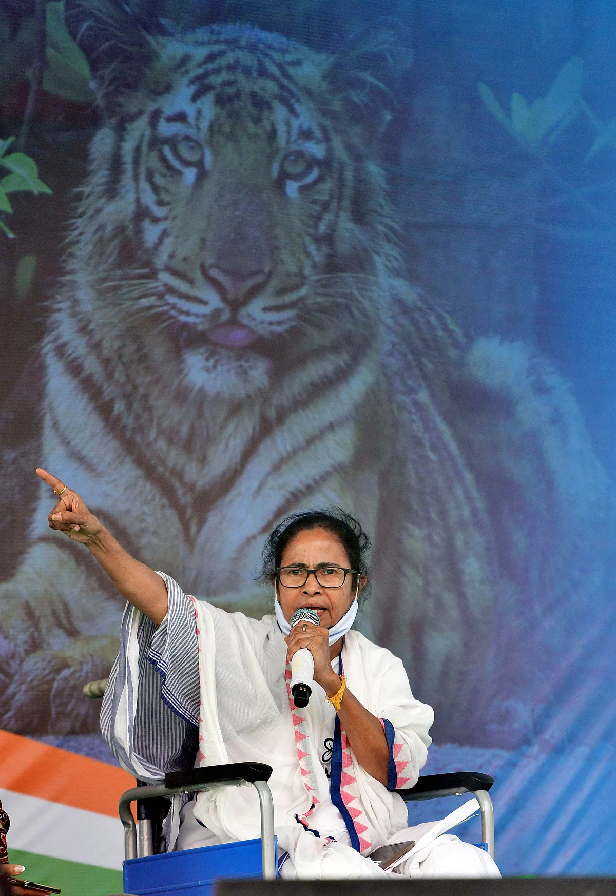 Chief Minister Mamata Banerjee addresses during a public meeting, in Nandigram on Monday.