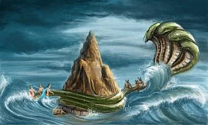 Churning of the ocean by the gods and demons.