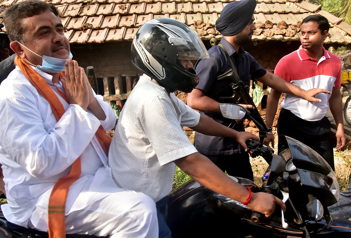 Suvendu Adhikari on his way to a polling booth in the assembly constituency to cast his vote in Nandigram on April 1.