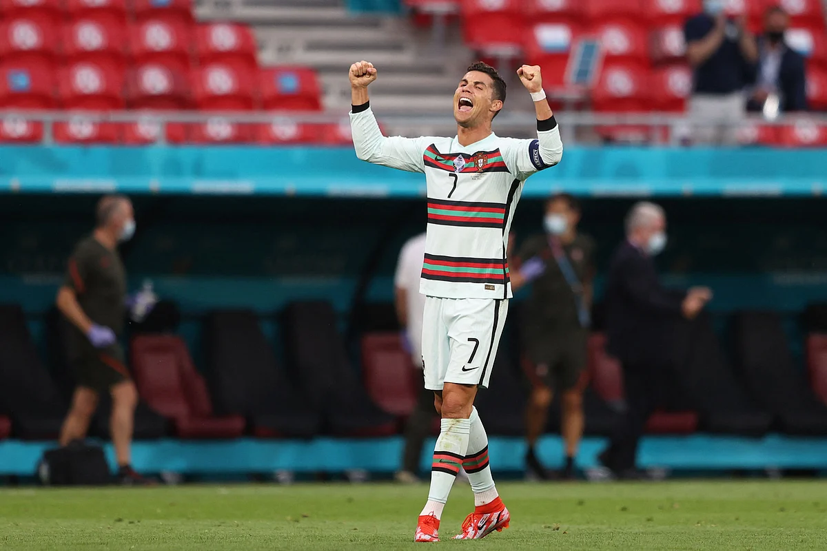 Portugal's forward Cristiano Ronaldo celebrates at the end of the UEFA EURO 2020 Group F football match between Hungary and Portugal at the Puskas Arena in Budapest on June 15, 2021.