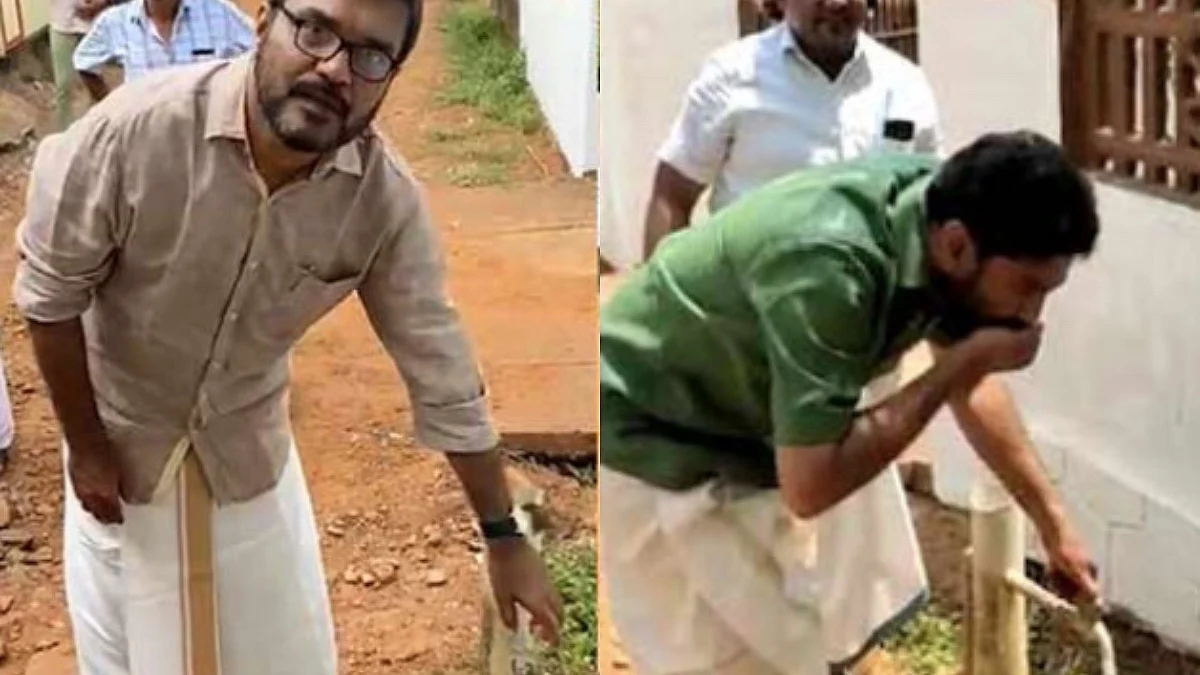 പൈപ്പിൽ വെള്ളമില്ല വായുമാത്രമെന്ന് എം ബി രാജേഷ്; പൈപ്പ് തുറന്ന് വെള്ളം കുടിച്ച് വി ടി ബൽറാം
