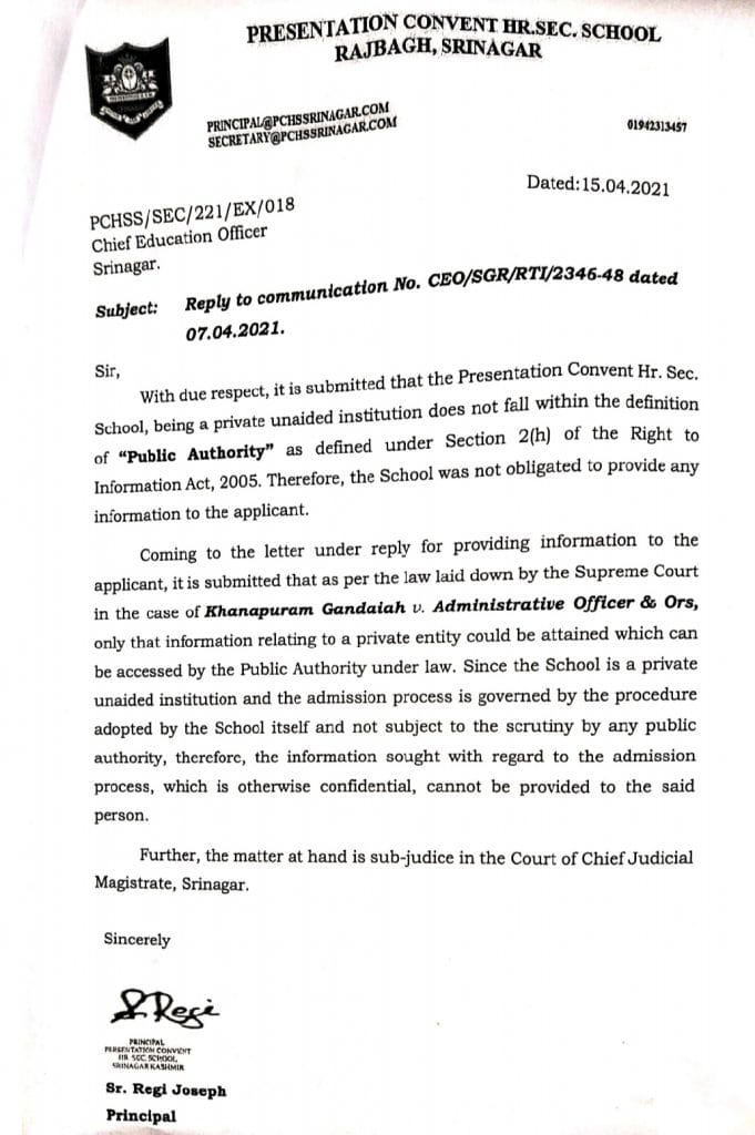 Srinagar school refuses to follow CJM’s order on admitting student