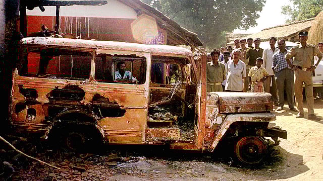 The burnt vehicle in which Graham Staines and his sons were killed on 22 January 1999. 