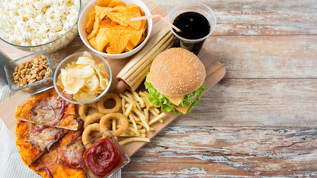 Junk food with soft drink. 
