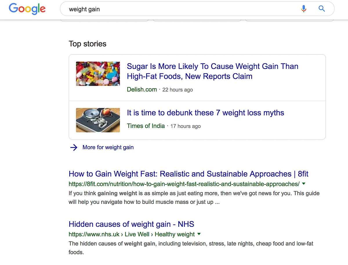 Searching for ‘weight gain’ options on Google