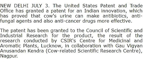 FIT WebQoof: US Patents For Medicines Containing Cow Urine