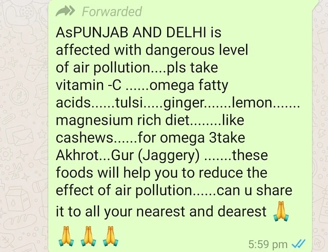 WhatsApp forward stating that certain foods can be helpful in reducing the damage from polluted air.