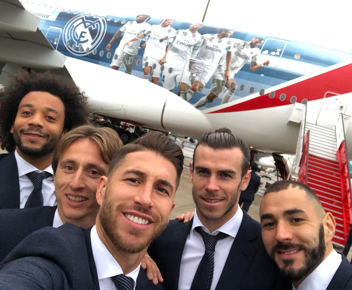 Real Madrid players (from left to right) Marcelo, Luka Modric, Sergio Ramos, Gareth Bale and Karim Benzema take a selfie in front of the special A380