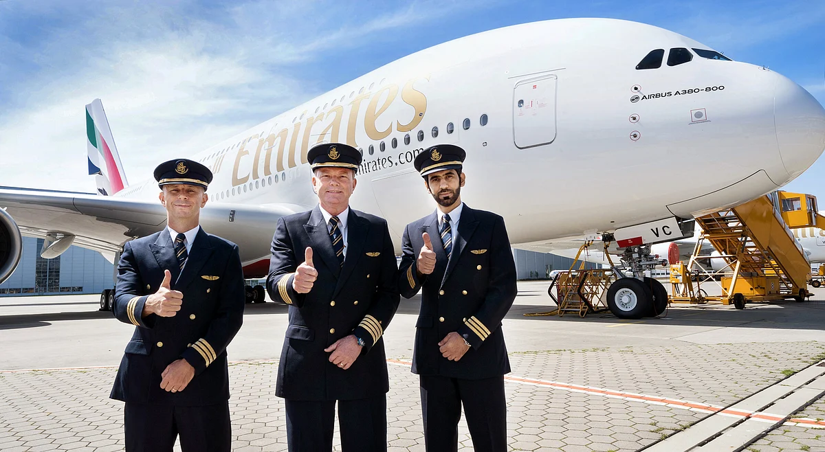 Captain Patrick De Roeck (C) supported by First Officers, Abdulla Alyammahi (R), and Sergio Puchol (L).