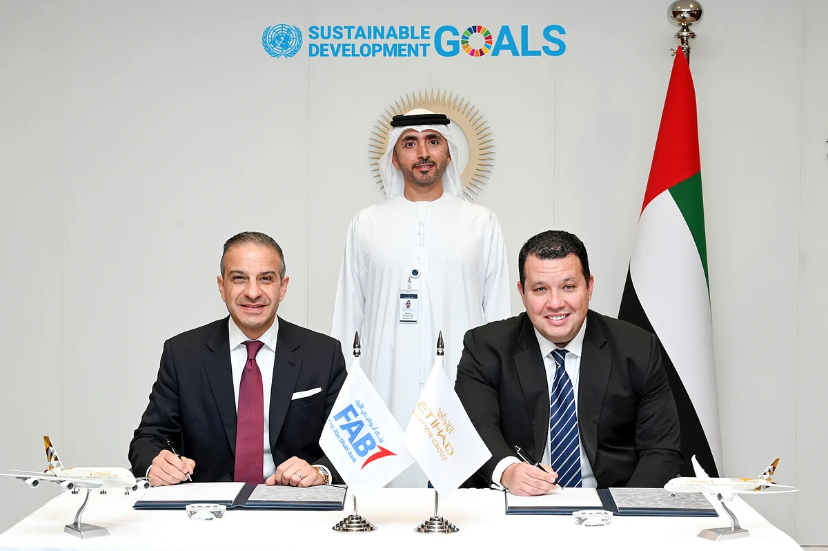 From left to right, Andy Cairns, Head of Global Corporate Finance at First Abu Dhabi Bank; Khaled Khalfan AlSuwaidi, Chief Operating Officer at Abu Dhabi Global Market; Adam Boukadida, Senior Vice President Treasury, Tax & Finance at Etihad Aviation Group during the signing ceremony of the Memorandum of Understanding at Abu Dhabi Global Market.