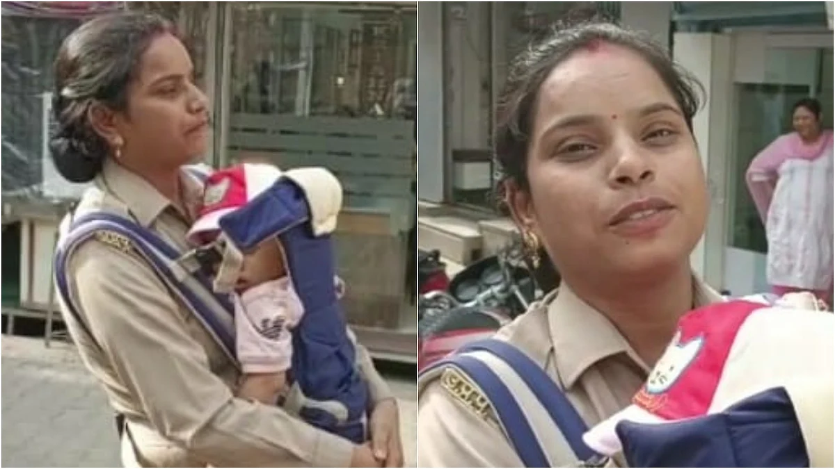 मुरादाबाद: मां और वर्दी का फर्ज निभा रहीं एक साथ, बच्चे को गोद में ले ड्यूटी पर डटीं