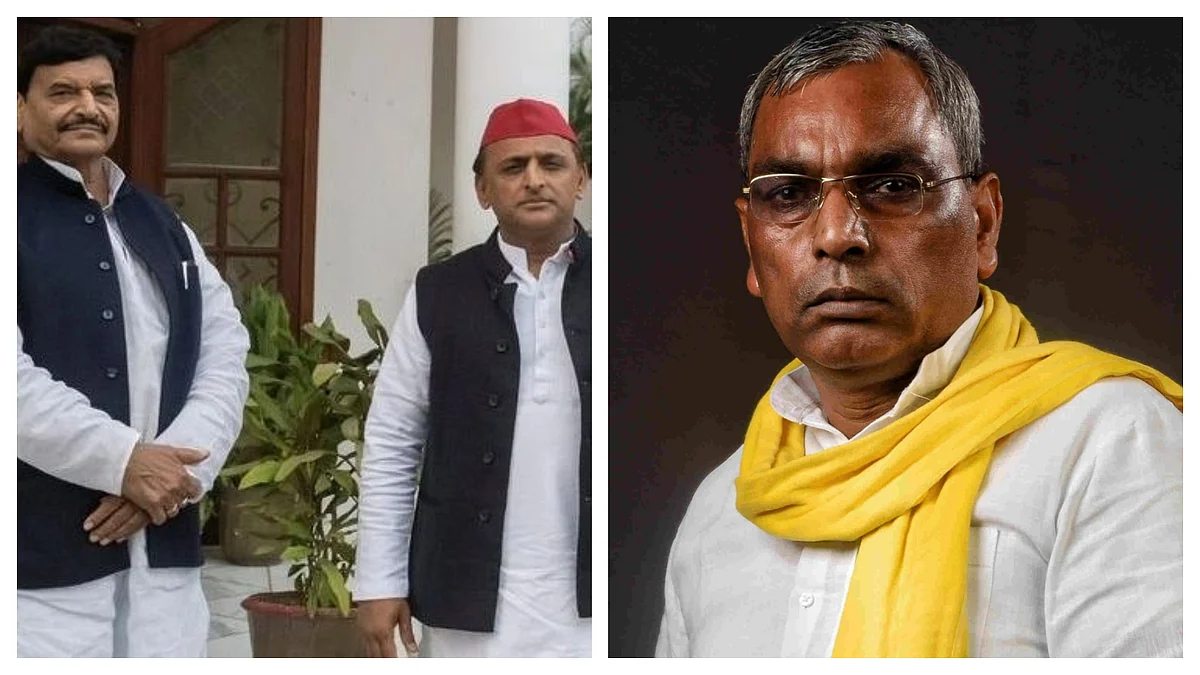 शिवपाल यादव संग अखिलेश यादव और ओम प्रकाश राजभर.