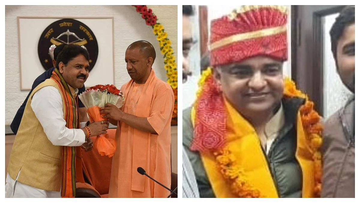बाएं- सीएम योगी के साथ रघुराज शाक्य और दाएं- आशीष सक्सेना