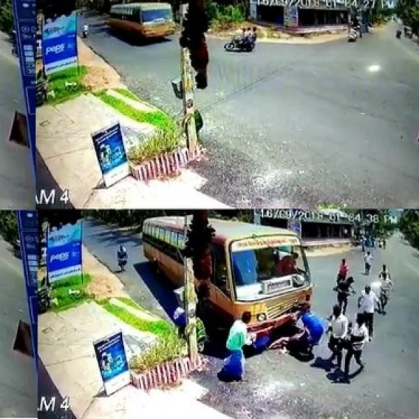 வளைவில் மின்னல் வேகத்தில் திரும்பிய பைக்! - அரசுப் பேருந்து ஓட்டுநரால் உயிர்பிழைத்த இளைஞர்கள்