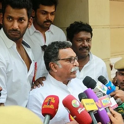 Nassar, Vishal and Karthi during a press meet