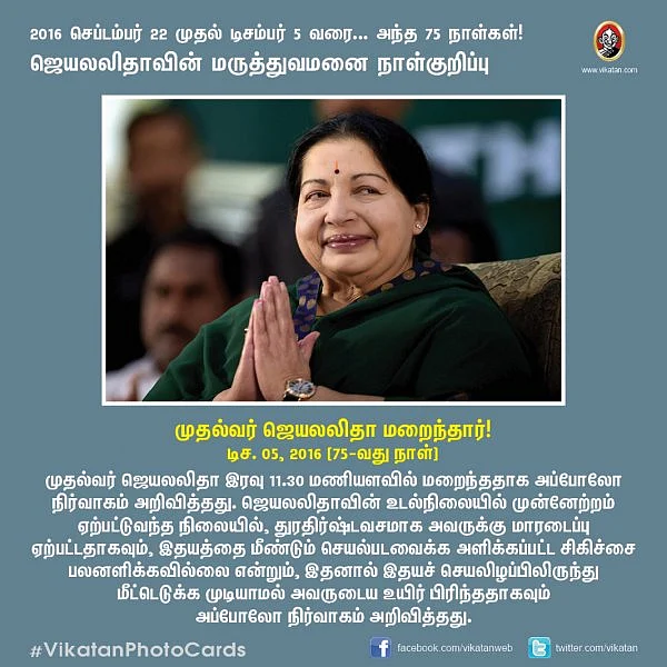 ஜெயலலிதாவின் அப்போலோ நாள்குறிப்பு: 75 நாள்களின் நிகழ்வுகள்! -