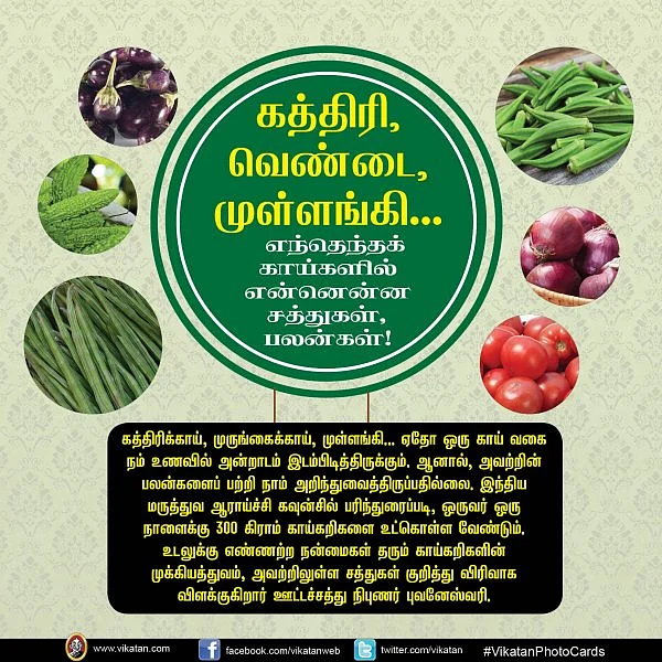 கத்திரி, வெண்டை, முள்ளங்கி... எந்தெந்தக் காய்களில் என்னென்ன சத்துகள், பலன்கள்! #VikatanPhotoCards