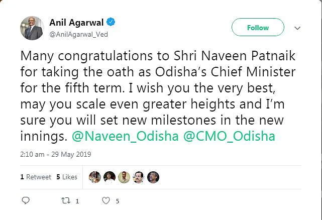 `நீங்கள் பல சாதனைகள் புரிய வேண்டும்!' - மாநில முதல்வரை வாழ்த்திய ஸ்டெர்லைட் ஓனர்