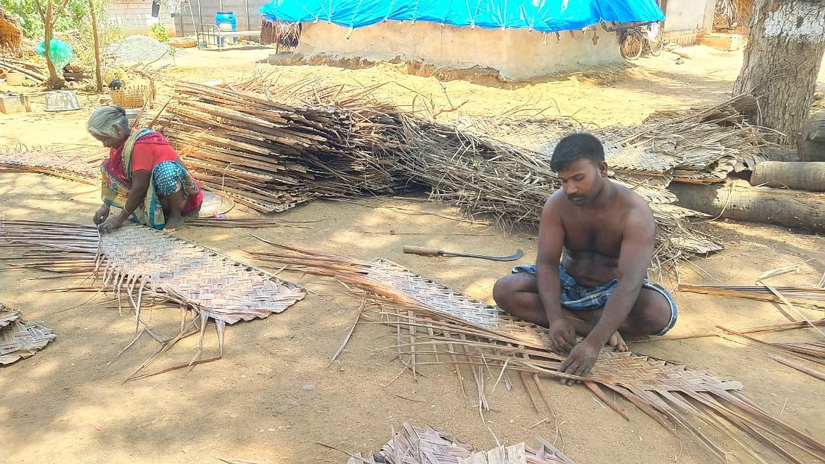 தென்னங்கீற்று முடையும் தொழிலில் ஈடுபட்டு வரும் குடும்பங்கள்