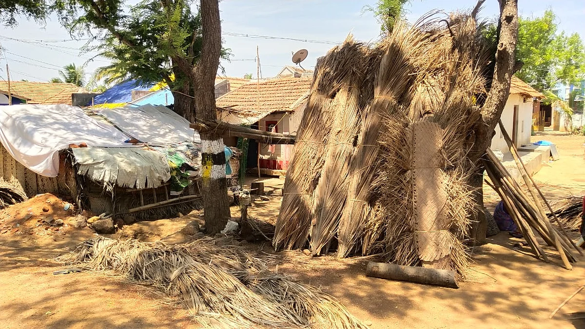 விற்பனைக்காக தயார் நிலையில் அடுக்கி வைக்கப்பட்டிருக்கும்தென்னங்கீற்றுகள்
