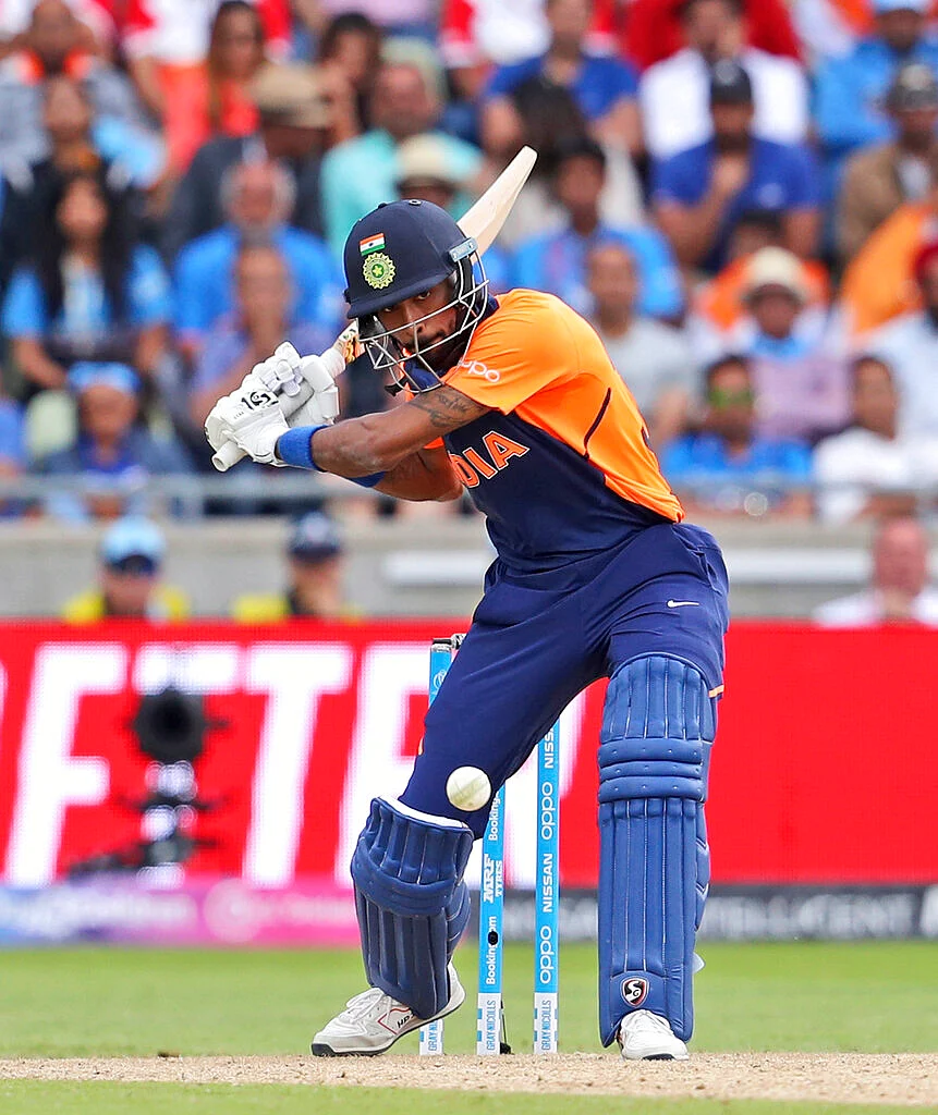 India's Hardik Pandya bats during the Cricket World Cup match between India and England in Birmingham.