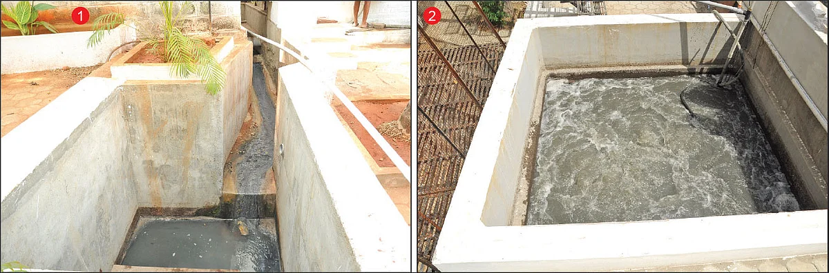 1. கழிவுநீர் வரும் வழி, 2. கழிவுநீர் சேகரிக்கும் தொட்டி