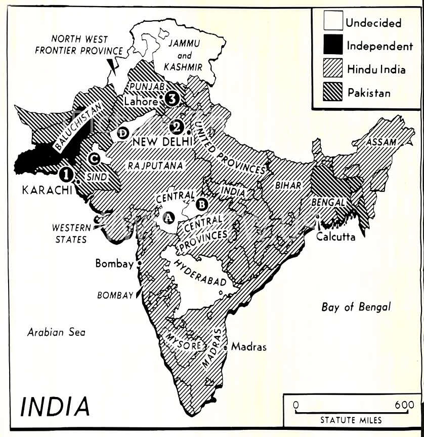 இந்திய வரைபடம் - பிரிவினைக்குப் பிறகு.