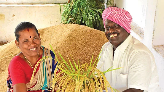 அறுவடை செய்த நெல்லுடன் கர்ணன் தம்பதி...