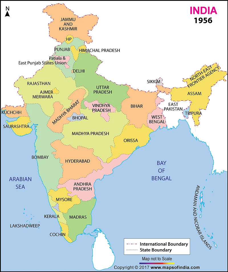 இந்திய வரைபடம் - மாநிலங்கள் பிரிக்கப்பட்ட பிறகு.