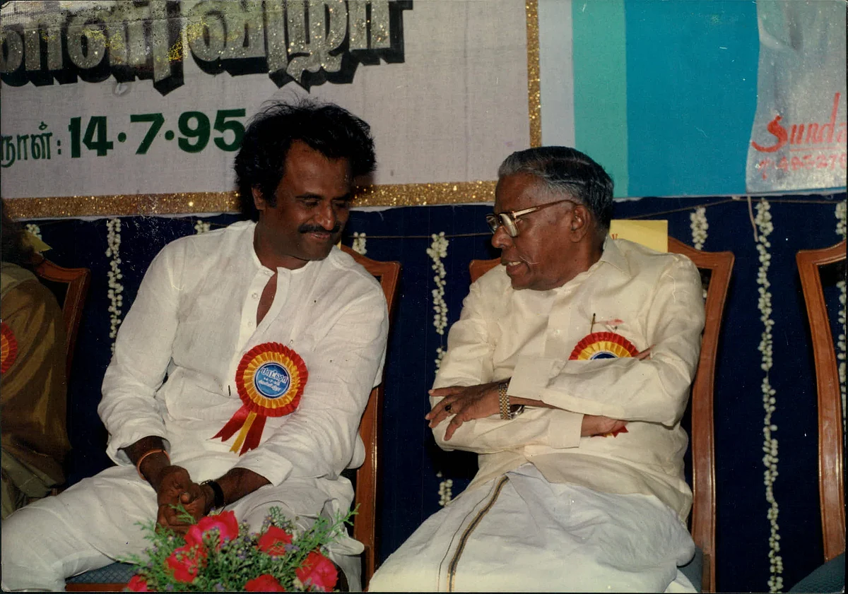பாட்ஷா பட விழாவில் ரஜினியும் ஆர்.எம். வீர்ப்பனும்