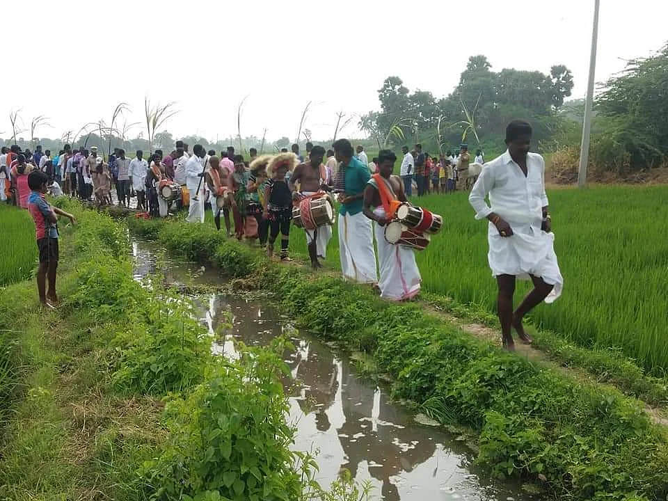 வயலில் மேளதாள ஊர்வலம்