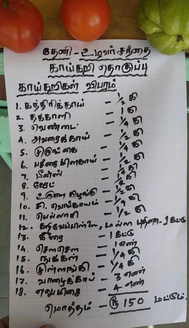 காய்கறித் தொகுப்புப் பையில் உள்ள பொருள்களின் விவரம்