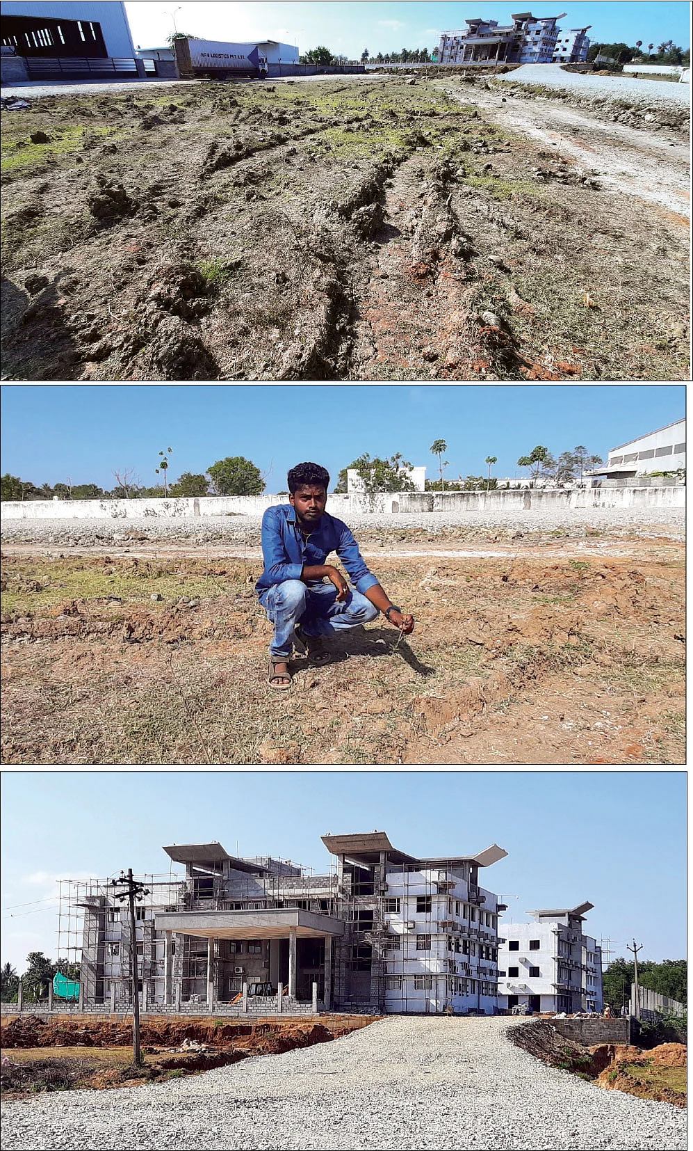 1. மரக்கன்றுகள் அழிக்கப்பட்ட இடம் - 2. எஞ்சியுள்ள மரக்கன்றுகளைக் காட்டும் வெங்கடேசன் - 3. கட்டப்பட்டுவரும் பள்ளிக்கூடம்