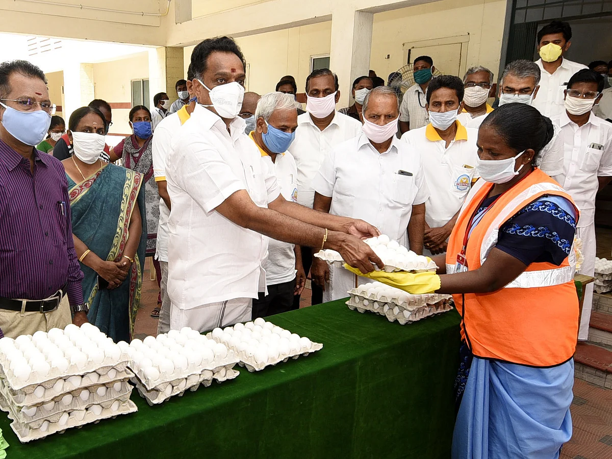 `களத்தில் நிற்கும் பணியாளர்கள் 5,000 பேருக்கு 1,50,000 முட்டைகள்!' -கரூரில் தொடங்கி வைத்த அமைச்சர்