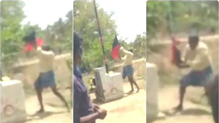 தி.மு.க கொடியைக் கிழித்தெறியும் நபர்
