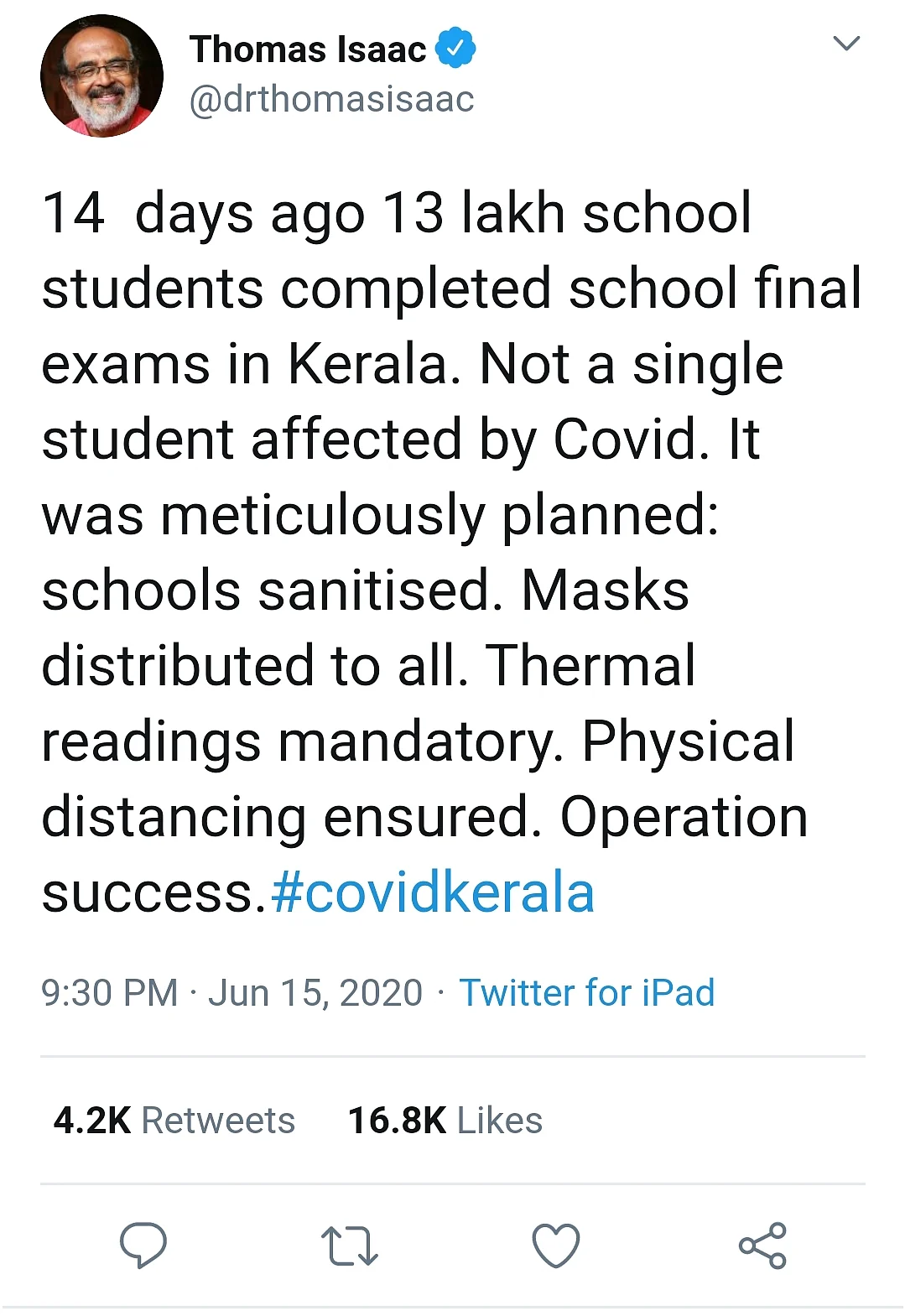 அமைச்சர் தாமஸ் ஐசக் ட்வீட்