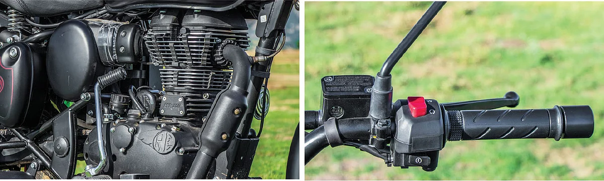 346 சிசி, ஏர்கூல்டு Fi இன்ஜின் 0.7 bhp பவர் குறைந்துவிட்டது. அதிர்வுகளும்தான். , அதே பழைய ஸ்விட்ச்கள்தான். ஃபினிஷ் ஓகே.