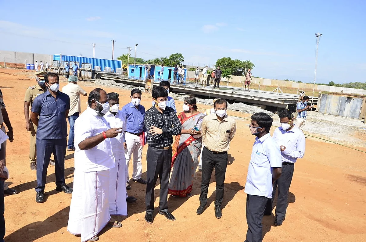 எய்ம்ஸ் கட்டுமான பணிகளை ஆய்வு செய்யும் சுகாதாரத்துறை செயலாளர் மற்றும் அமைச்சர் ஆர்.பி