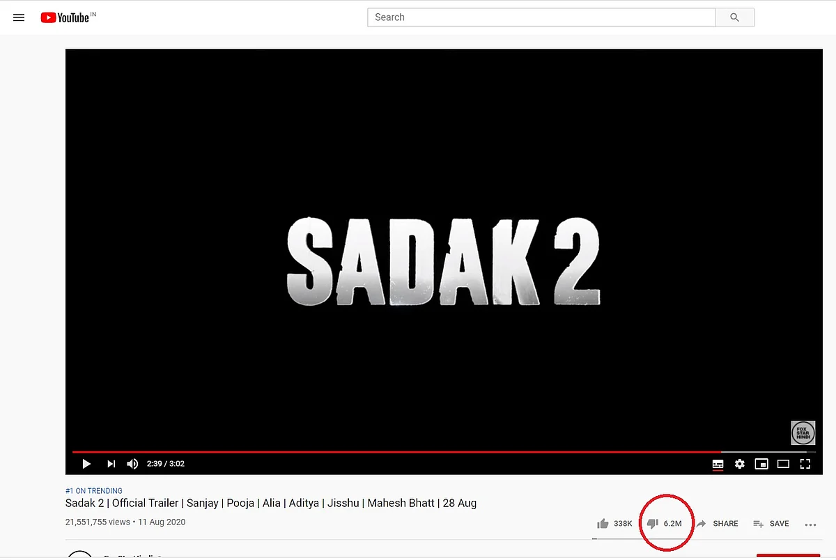 Sadak 2 YouTube dislikes