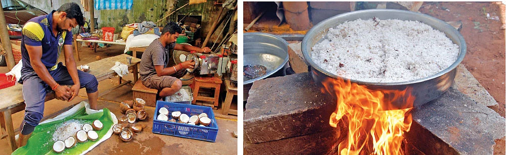 தேங்காய்த் துருவுதல், தேங்காய்த் துருவலை தண்ணீர் சேர்த்து கொதிக்க வைத்தல்