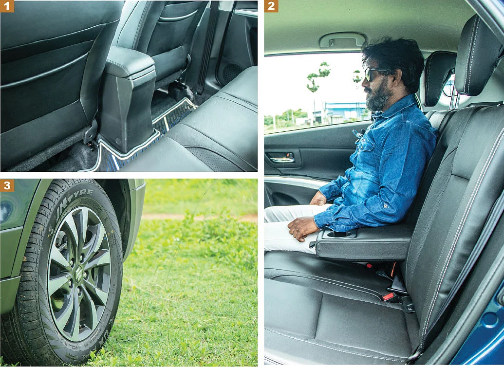 ஹேட்ச்பேக்குகளிலேயே ரியர் ஏசி வென்ட் ட்ரெண்ட் ஆகும் நேரத்தில், ப்ரீமியம் எஸ்-க்ராஸில் பின்பக்கம் ஏசி வென்ட் கொடுத்திருக்கலாம். 2,600 மிமீ வீல்பேஸ் என்பதால், பின் பக்க இடவசதி அருமை. லெக்ரூம், ஹெட்ரூம் எல்லாமே ஓகே! 16 இன்ச் மெஷின் கட் அலாய் வீல்கள், காருக்கு ஸ்போர்ட்டி லுக் தருகின்றன.