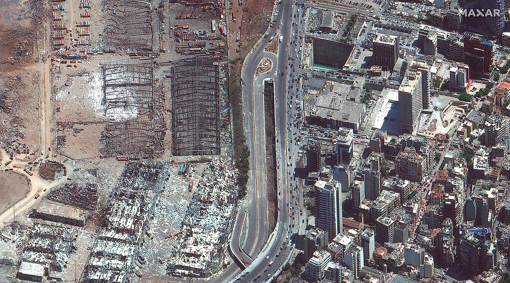 This satellite image provided by Maxar Technologies shows damaged area outside of the port of Beirut in Lebanon